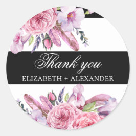 Boho pink Blume und Federn Hochzeit danke Runder Aufkleber