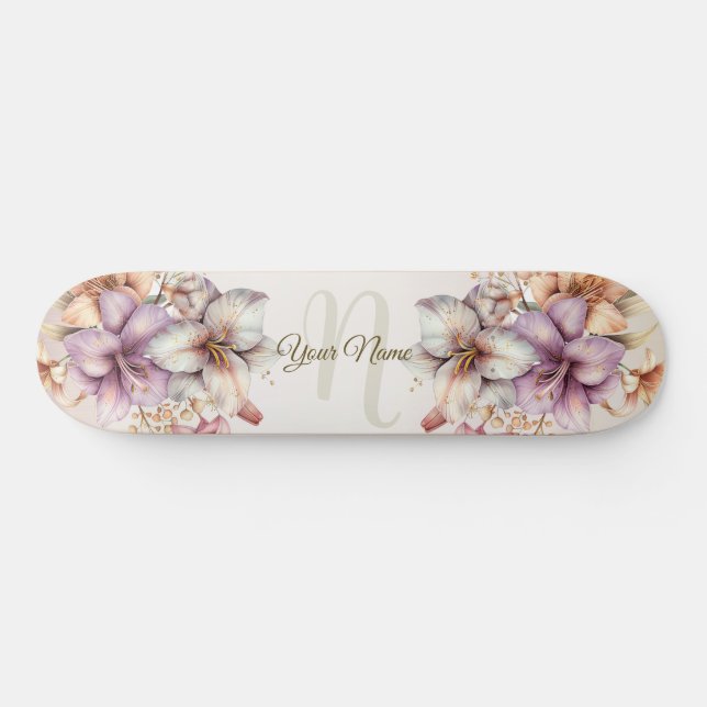 Boho Pink Blume Wasserfarben Elegant Stilvoll Skateboard (Horizontal)