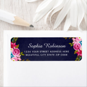 Boho Pink Blumen Hochzeit Navy Rücksende-Adresse E
