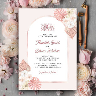 Boho Pink Blumenbogen QR Code Muslimische Hochzeit Einladung