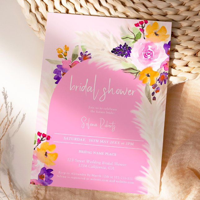 Boho Pink Blumenpampas Wüstenbogen Brautparty Einladung (Boho pink floral pampas desert arch bridal shower invitation)