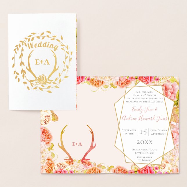 Boho Pink Blush Rose Gold Antler Wedding Real Gold Folienkarte (Anzeige)