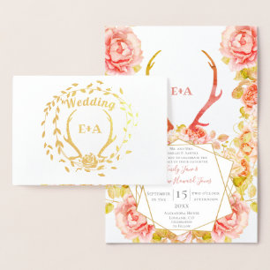 Boho Pink Blush Rose Gold Geweih Hochzeit Echtgold Folienkarte
