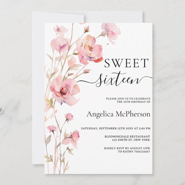 BOHO PINK BLUSH WATERCOLOR MEADOW BLUME SWEET 16 EINLADUNG (Vorderseite)