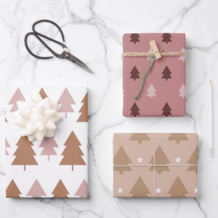Boho Pink Braune Weiße Weihnachtsbäume Feiertage   Geschenkpapier Set