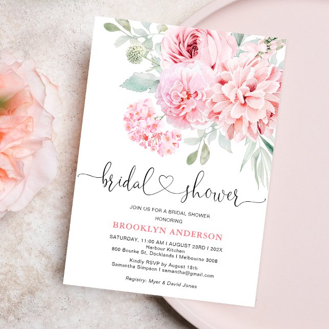 Boho Pink Brautparty Einladung (Pink Floral Bridal Shower Invitation Template, Hot Pink Floral Bridal Shower, Heart, Calligraphy)