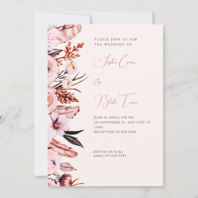 Boho Pink & Brown Blume & Feathers Cream Wedding Einladung (Vorderseite)