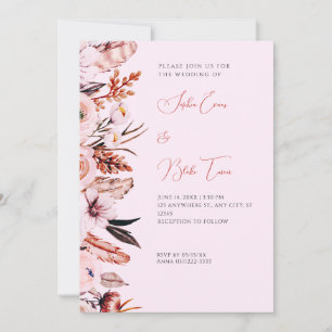 Boho Pink & Brown Blume & Feathers Pink Wedding Einladung