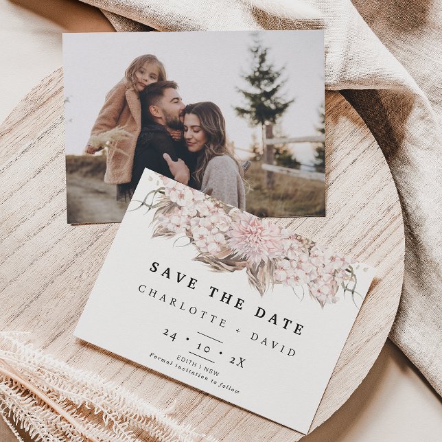 Boho Pink Brown Floral Wedding Save the Date Card Einladung (Von Creator hochgeladen)
