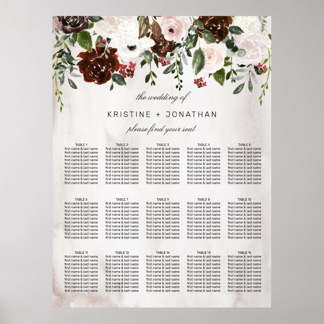 Boho Pink Burgundy Rose Wasserfarbene Hochzeit Poster (Vorne)