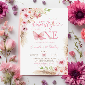 Boho Pink Butterfly Erster Geburtstag Einladung