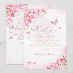 Boho Pink Butterfly Kisses Floral Girl Baby Shower Dankeskarte