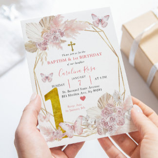Boho Pink Butterfly Taufe und erster Geburtstag Einladung