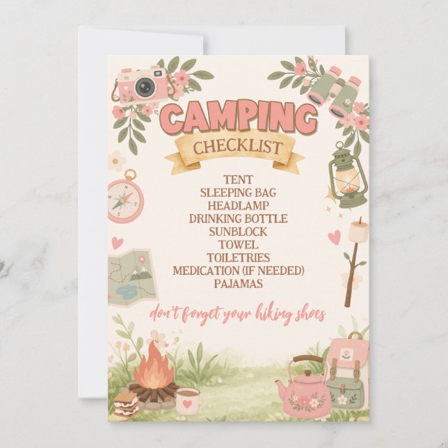 Boho Pink Camping-Checkliste  Einladung (Vorderseite)