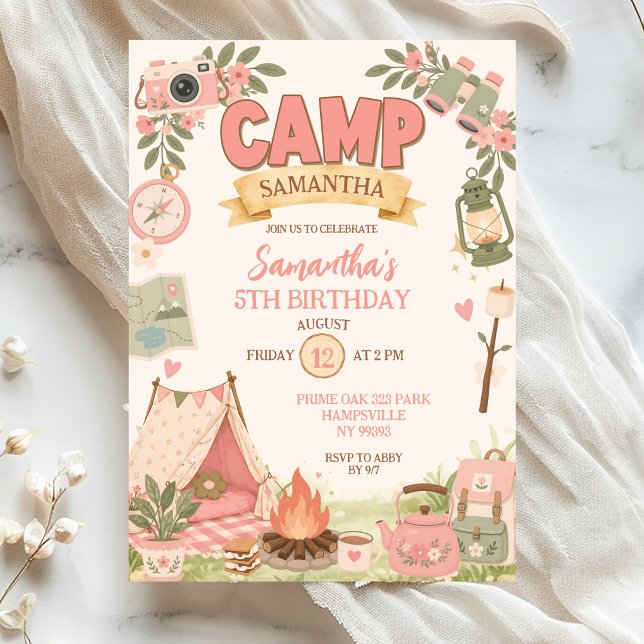 Boho Pink Camping Thema Mädchen Geburtstag Einladung (Von Creator hochgeladen)
