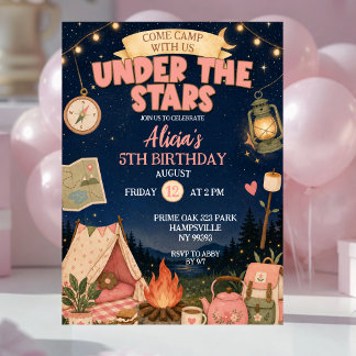 Boho Pink Camping unter den Sternen Geburtstag Einladung