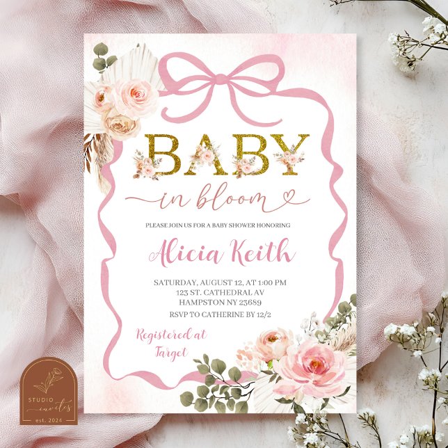 Boho Pink Coquette Pampas Grass Baby Shower Baby i Einladung (Von Creator hochgeladen)