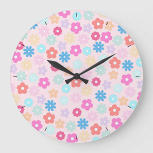 Boho Pink Daisy Blume Pattern Große Wanduhr