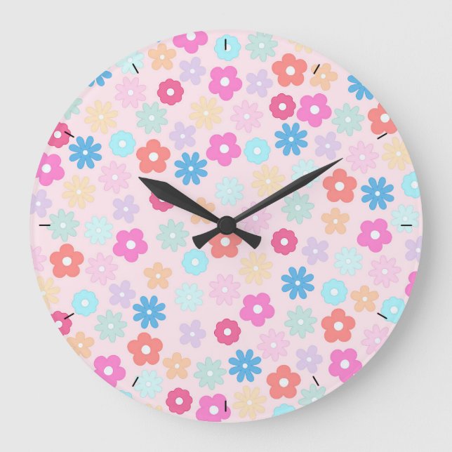 Boho Pink Daisy Blume Pattern Große Wanduhr (Vorderseite)
