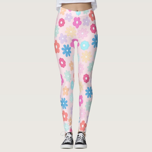 Boho Pink Daisy Blume Pattern Leggings (Vorderseite)