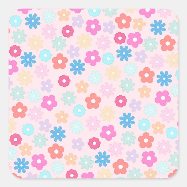 Boho Pink Daisy Blume Pattern Quadratischer Aufkleber (Vorderseite)