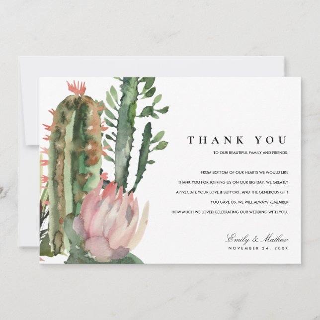 BOHO PINK DESERT CACTUS FLORAL WATERCOLOR WEDD DANKESKARTE (Vorderseite)
