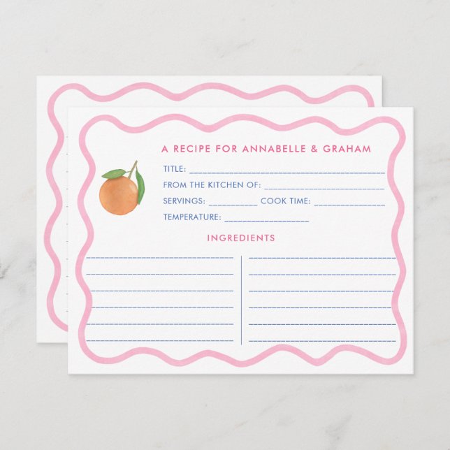 Boho Pink Doodle Citrus Brautparty Rezept Karte (Vorne/Hinten)