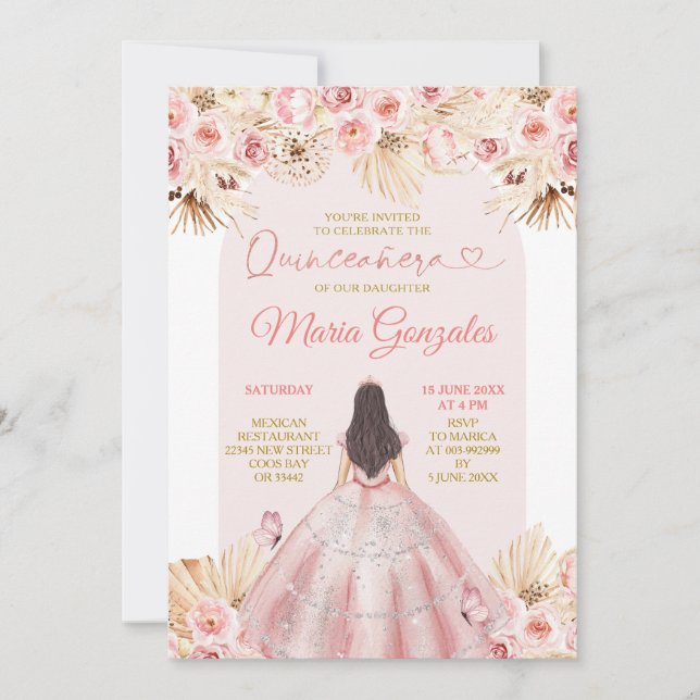 Boho Pink Dress Floral Princess Quinceañera Einladung (Vorderseite)