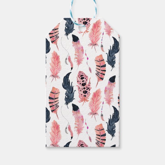 Boho Pink Feathers Geschenkanhänger (Vorderseite)