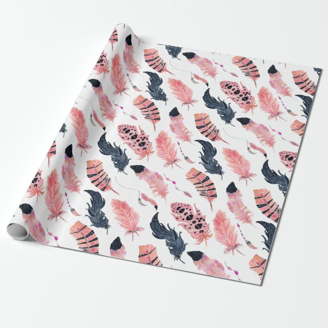 Boho Pink Feathers Geschenkpapier (Ungerollt)