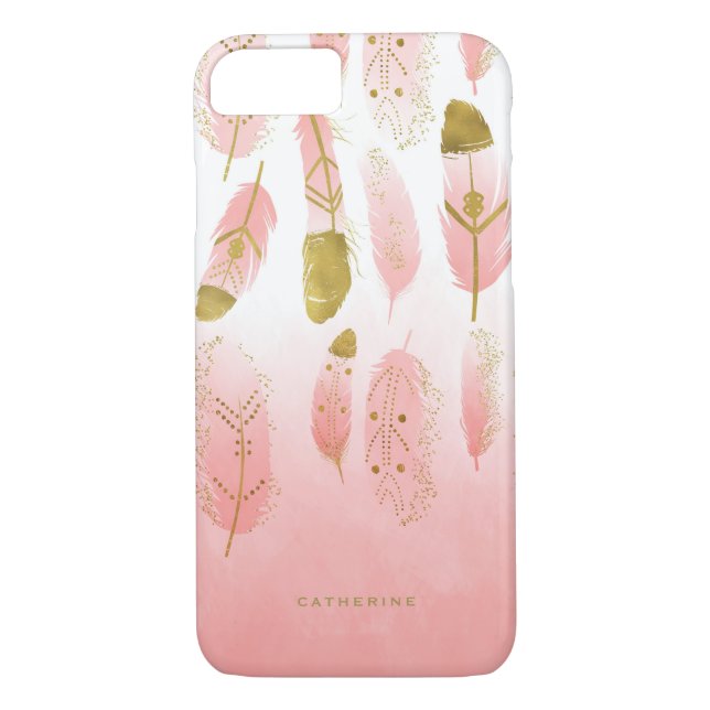 Boho Pink Feathers Imitats Gold Fossil Personalisi Case-Mate iPhone Hülle (Rückseite)