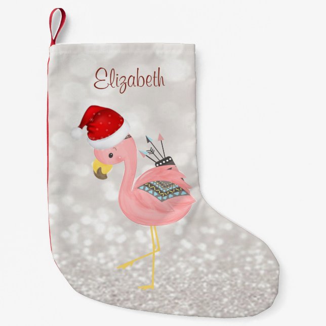 Boho Pink Flamingo mit Weihnachtsmannmütze, Glitte Kleiner Weihnachtsstrumpf (Vorderseite)