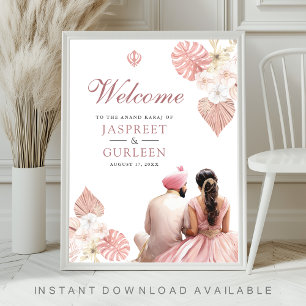 Boho Pink Floral Anand Karaj Wedding Welcome Sign Poster