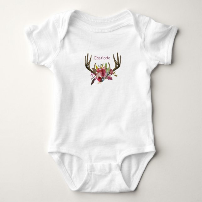 Boho Pink Floral Aquarell Antler Monogramm Baby Strampler (Vorderseite)