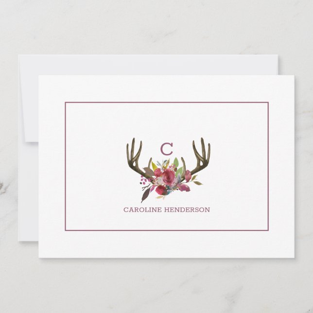 Boho Pink Floral Aquarell Antler Monogramm Mitteilungskarte (Vorderseite)