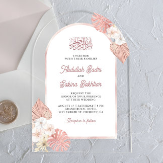 Boho Pink Floral Arch Muslime Hochzeit Acryleinladungen