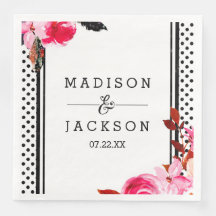 Boho Pink Floral & Black Dot Wedding Monogramm