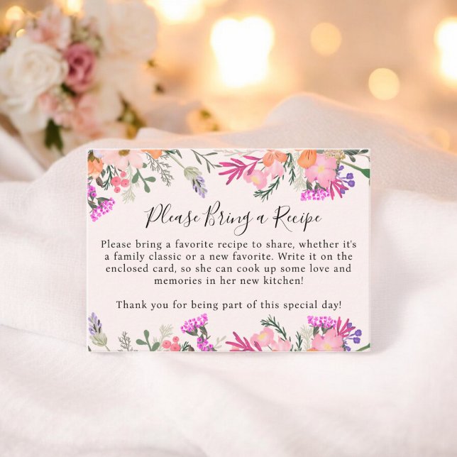 Boho Pink Floral Bringen Sie ein Rezept Brautparty Begleitkarte (Boho Pink Floral Bring a Recipe Bridal Shower Enclosure Card)