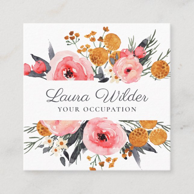 Boho Pink Floral Business Card Quadratische Visitenkarte (Vorderseite)