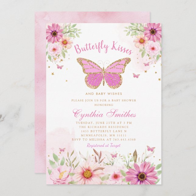 Boho Pink Floral Butterfly Kisses Girl Baby Shower Einladung (Vorne/Hinten)