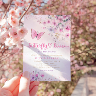 Boho Pink Floral Butterfly Kisses Girl Baby Shower Einladung
