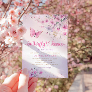 Boho Pink Floral Butterfly Kisses Girl Baby Shower Einladung