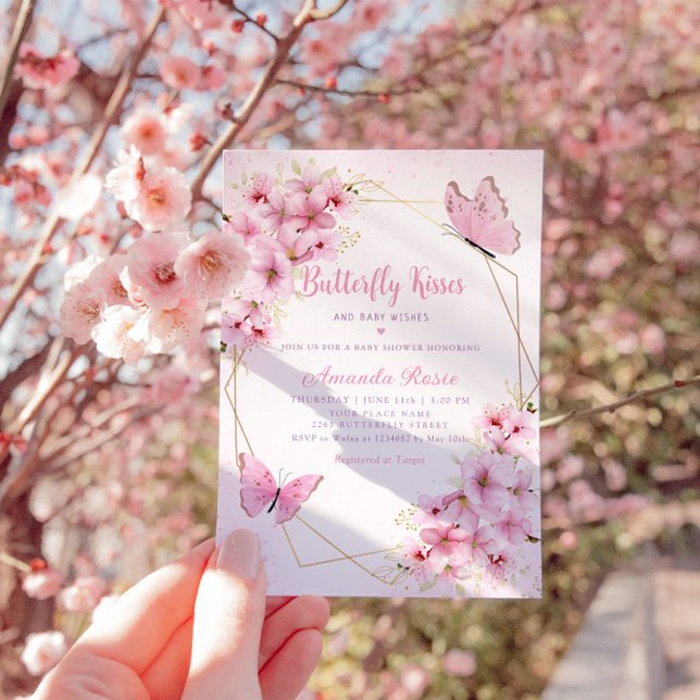 Boho Pink Floral Butterfly Kisses Girl Baby Shower Einladung (Von Creator hochgeladen)