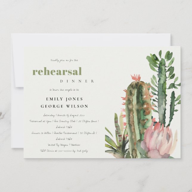 BOHO PINK FLORAL CACTI FOLIAGE PROBE DINNER EINLADUNG (Vorderseite)