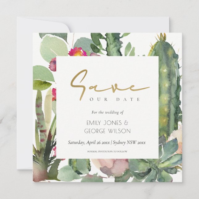 BOHO PINK FLORAL CACTI FOLIAGE SAVE THE DATE EINLADUNG (Vorderseite)