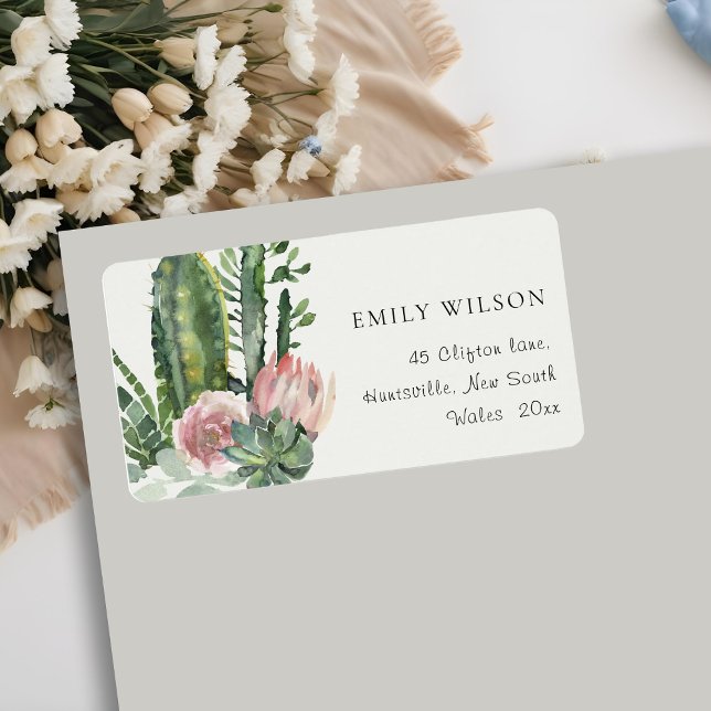 BOHO PINK FLORAL CACTI FOLIAGE WATERCOLOR ADRESSE ADRESSAUFKLEBER (Von Creator hochgeladen)