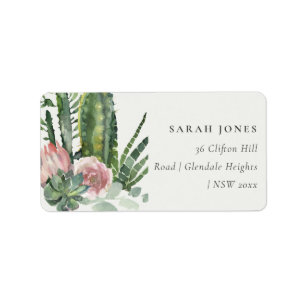BOHO PINK FLORAL CACTI FOLIAGE WATERCOLOR ADRESSE ADRESSAUFKLEBER
