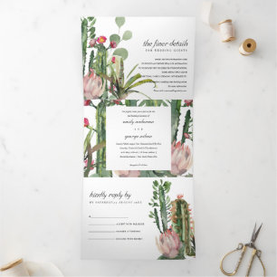 BOHO PINK FLORAL CACTI FOLIAGE WATERCOLOR WEDD DREIFACH GEFALTETE EINLADUNG