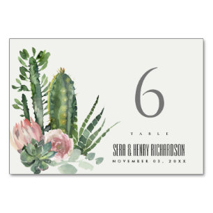 BOHO PINK FLORAL CACTI FOLIAGE WATERCOLOR WEDD TISCHNUMMER