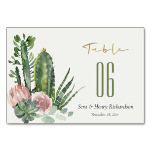 BOHO PINK FLORAL CACTI FOLIAGE WATERCOLOR WEDD TISCHNUMMER